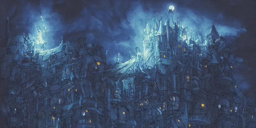 Prompt: Howl\'s Moving Castle at night, dark, dark blue, hyper-detailed, trending on Artstation, 8k, 4k, high-res, digital art