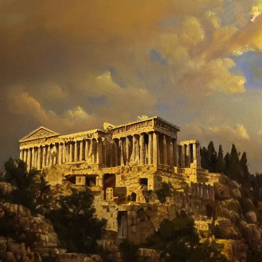 Prompt: reinassence painting gold drenched apocalyptic acropolis. gold cascade from the afternoon sky