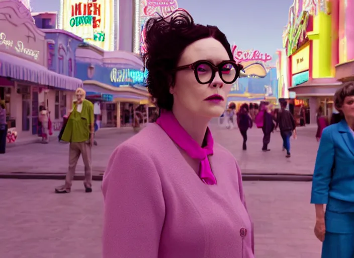 Prompt: cinematic mid shot of a high detail, woman's face looking off camera, with round glasses. fine facial features. she stands in an empty, pastel colourful 3 d, vegas street scene. there are people hiding, by jeffrey smart and gregory crewdson and edward hopper, inspired by the grand budapest hotel and edward scissorhands