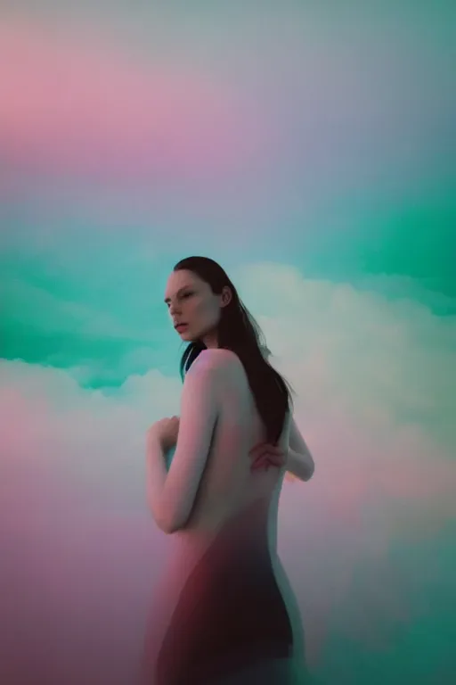 Image similar to high quality pastel coloured film close up wide angle photograph of a model wearing clothing swimming on cloud furniture in a icelandic black rock!! environment in a partially haze filled dreamstate world. three point light, rainbow. photographic production. art directed. pastel colours. volumetric clouds. pastel gradient overlay. waves glitch artefacts. extreme facial clarity. 8 k. filmic.