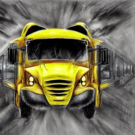 Image similar to Wolfbus - transformer hybrid of bus and wolf, having cabin in form of wolf head with big yellow eyes looking at us full of rage and long mechanical body - it is bus with wheels and windows, mechanical form of life, oil on canvas, fantasy, magic, dream, perfect composition, symmetric, digital painting, concept art, smooth, sharp focus, illustration, artstation trending, octane render, unreal engine, anime style, cyberpunk