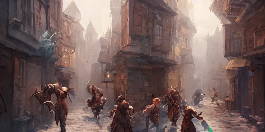 Image similar to an exciting fantasy street battle within a fascinating old city, narrow streets, old buildings, by Sylvain Sarrailh, by Sebastian Luca, by Nicodemus Yang-Mattisson, cinematic, simple but effective composition, clean lines, beautiful digital painting, oil painting, great character design, dungeons and dragons, lord of the rings, close up character, fantasy races