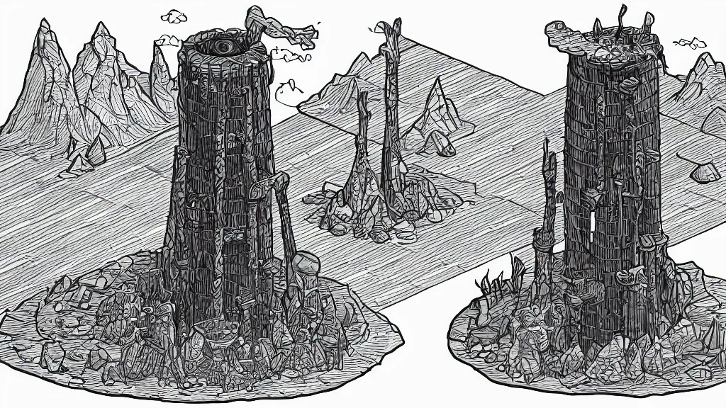 Prompt: isometric view of a solar punk wizard tower that's surrounded by rocks and mountains, lineart.