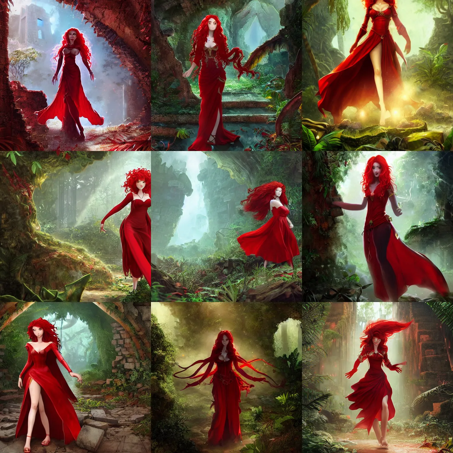 Prompt: a female draconic sorceress with curly red hair wearing a red dress and a red coat exploring the ruins of an abandoned maya city in the jungle, fantasy, character design by charlie bowater, ross tran, artgerm, and makoto shinkai, detailed, soft lighting, rendered in octane