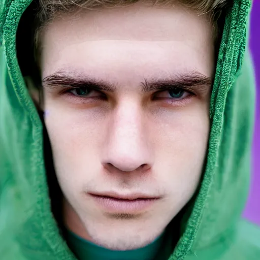 Image similar to close up of face of a 1 8 year old man, with white hair, green eyes, wearing a purple hoodie, lazy, 8 5 mm f / 1. 4