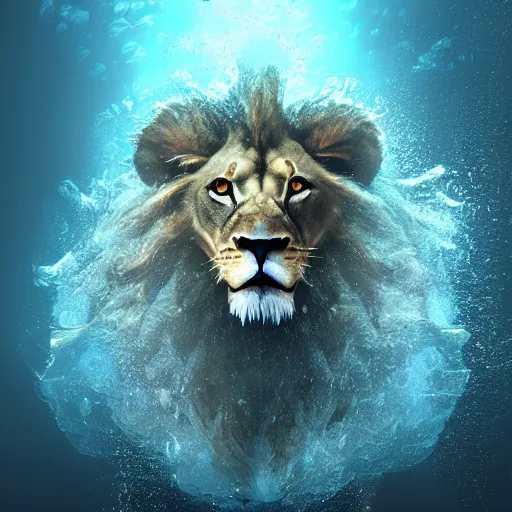 Image similar to a male lion's face breaching through a wall of water, headshot, water sprites, splashing, deep blue ocean, highly detailed, realistic digital art, trending on artstation