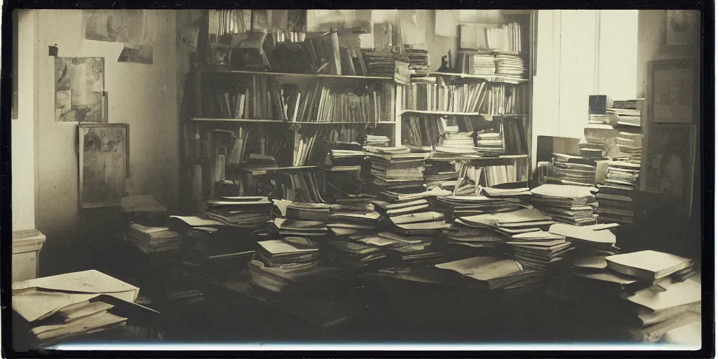 Image similar to 1880, inside a writer room, many books, piles of books, beautiful light, long shadows, 50 mm lens, polaroid photo, yellowed, crackles, scratches, dust, stains