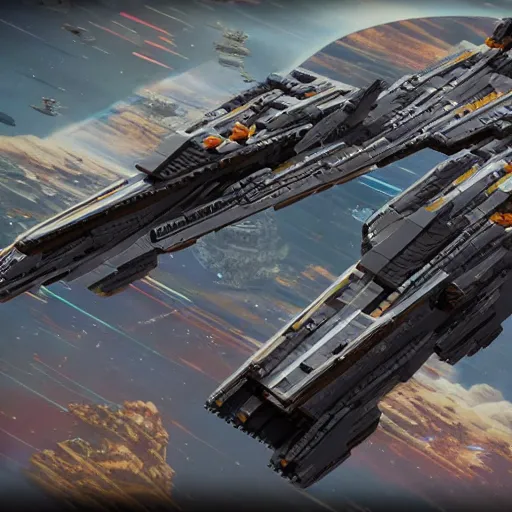 Image similar to star citizen ship made of lego, isometric, high detail, realistic, photography
