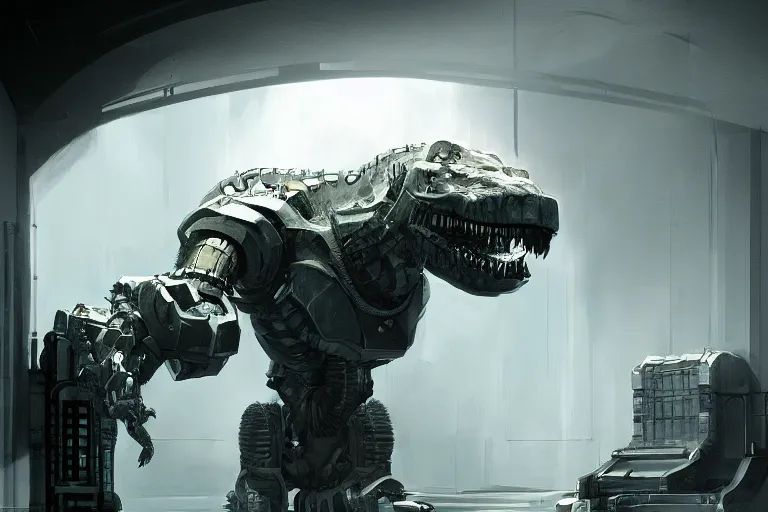 Image similar to robosaurus parallax datacenter server room interior single mono colossus white rusty robot sitting artstation cinematic detailed concept art volumetric light sharp coherent cgsociety symmetric perfect well balanced shadows lotr technogoddess sidwill