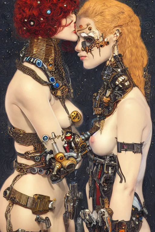 Image similar to portrait of two beautiful young gothic cyborg maidens kissing, cyberpunk, Warhammer, highly detailed, artstation, illustration, art by Gustav Klimt