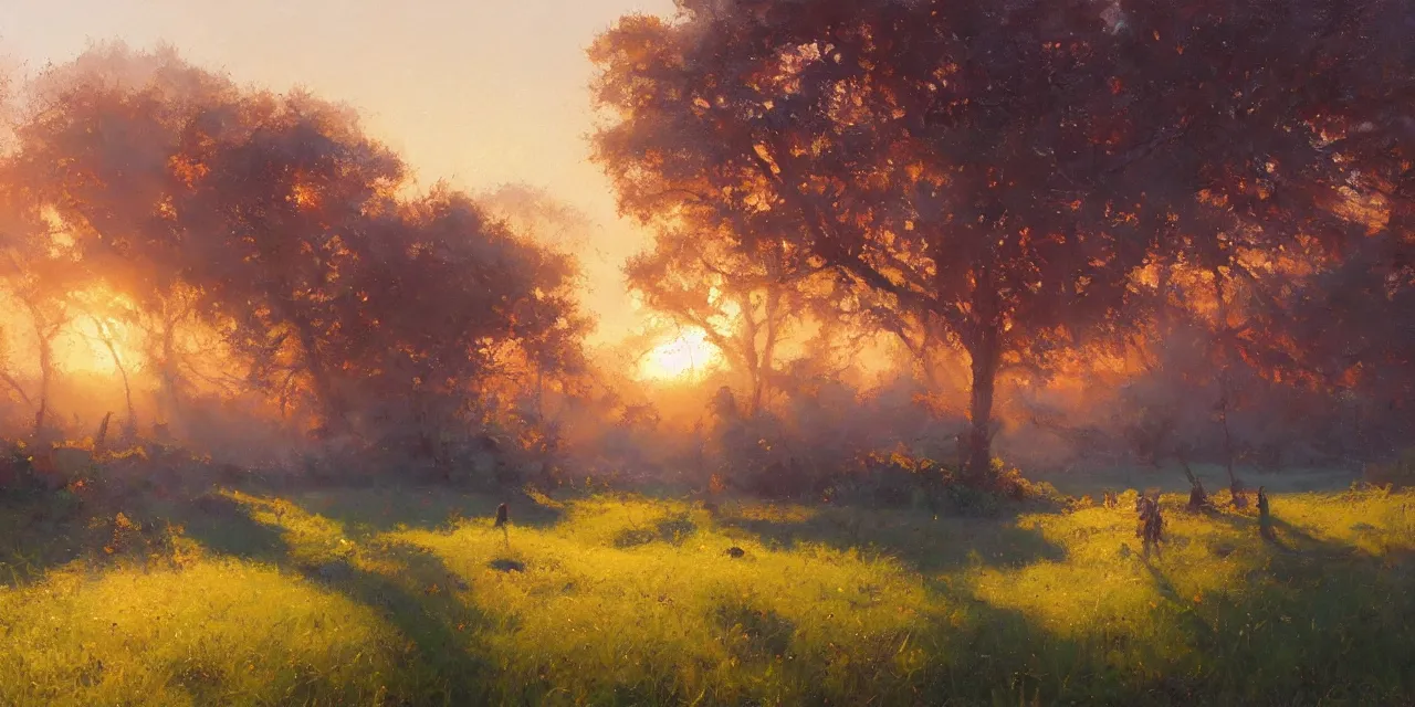 Image similar to a beautiful, stunning oil painting of a landscape in spring during sunrise by craig mullins