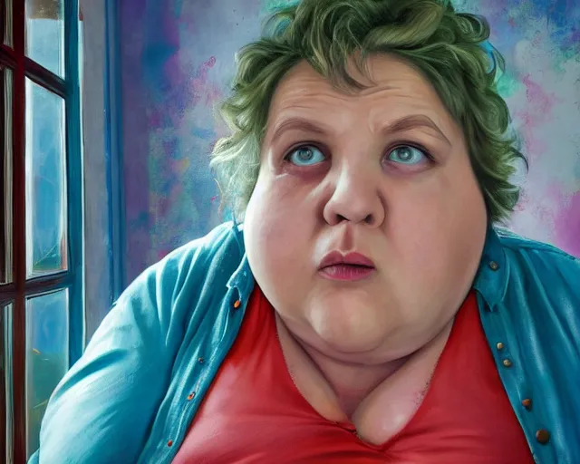 Image similar to an innocent and beautiful scene in hyper realistic style, about an fat old woman, wearing a luxurious jumpsuit, and painting a huge colorful fish on the wall, lighting from the barred window. shadows. 4 k. wide angle. wild. red mouth, blue eyes. deep focus, lovely scene. ambient occlusion render. unreal engine.