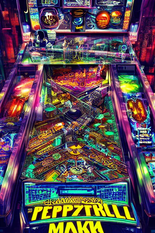 Image similar to pinball poster, theme is cyberpunk city market, tripmachines, realistic digital art, 3 d render of two huge futuristic steampunk generators inside a cyberpunk machine, 8 k, fluorescent colors, halluzinogenic, multicolored, exaggerated detailed, unreal engine