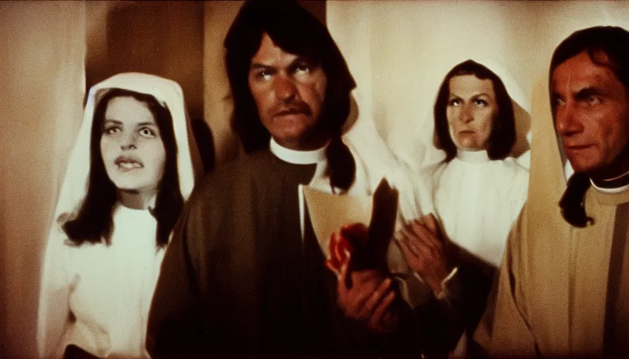 Image similar to 7 0 s film still from a horror movie about a priest and a beautiful woman, kodachrome, cinecolor, cinestill, film grain, film texture, retro, cinematic, high resolution, photorealism,