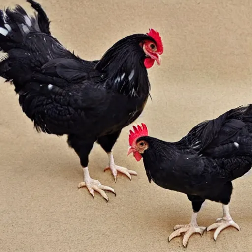 Image similar to a newly discovered breed of chicken with black feathers that is spotted with small white hearts