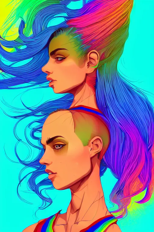 Image similar to a award winning half body portrait of a beautiful woman with stunning eyes in a croptop and cargo pants with rainbow colored ombre hairstyle head in motion and hair flying by josan gonzales, outrun, vaporware, shaded flat illustration, digital art, trending on artstation, highly detailed, fine detail, intricate