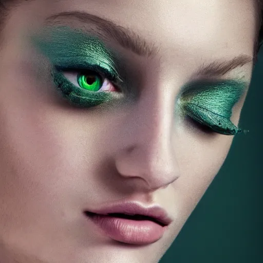 Image similar to photo of beautiful model with subtle green eye shadow, photo by annie leibovitz and mert and marcus, beauty campaign, photoshoot, closeup, real life skin, sharp focus