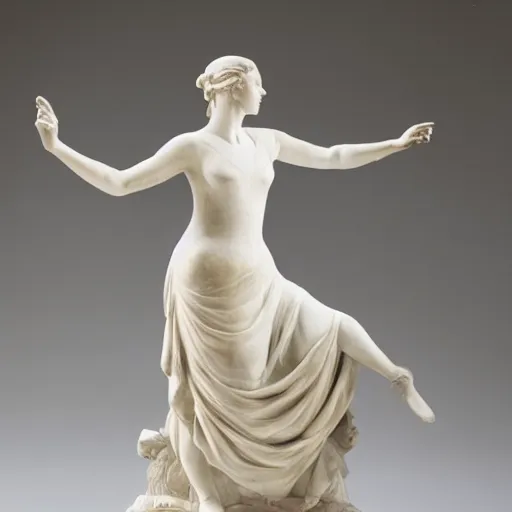Prompt: a marble statue of a woman dancing, wearing a sweeping dress,