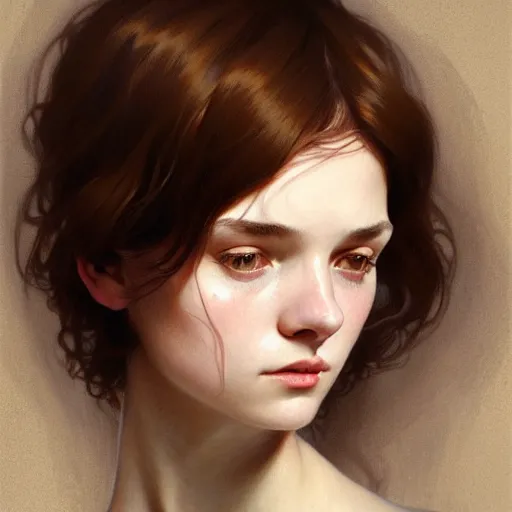 Prompt: portrait of a welsh teenage girl with brown hair, glowing skin, delicate features, amelie poulain, fantasy, intricate, elegant, dress shirt, highly detailed, digital painting, artstation, concept art, smooth, sharp focus, illustration, art by Krenz Cushart and Artem Demura and alphonse mucha