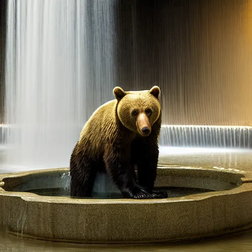 Prompt: a bear in a fountain in an empty mall, high resolution photograph, paul nicklen, atmospheric lighting