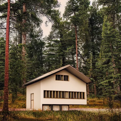 Image similar to wes anderson style future house near the lake and forest, cinematic, realism, photo, detailed