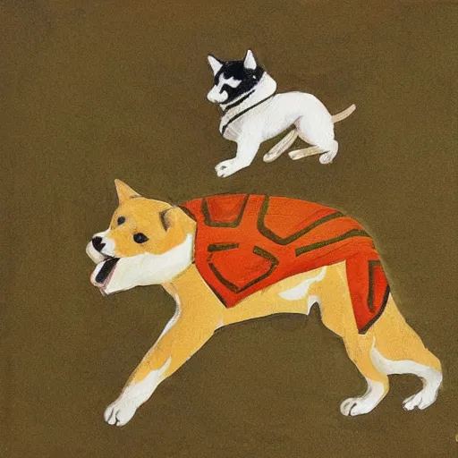 Prompt: shiba inu riding a war tortoise into battle, abstract painting