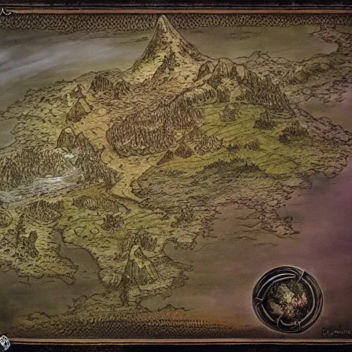 Prompt: simple fantasy map of dark Russia, by JRR Tolkien and Brian Froud, Vatican Map Room, fantasy concept painting, Magic The Gathering Art, trending on art station, rivers, lakes, cities, villages, roads, showing kingdoms, oceans, continents, vast seas, open plains, baroque frame border