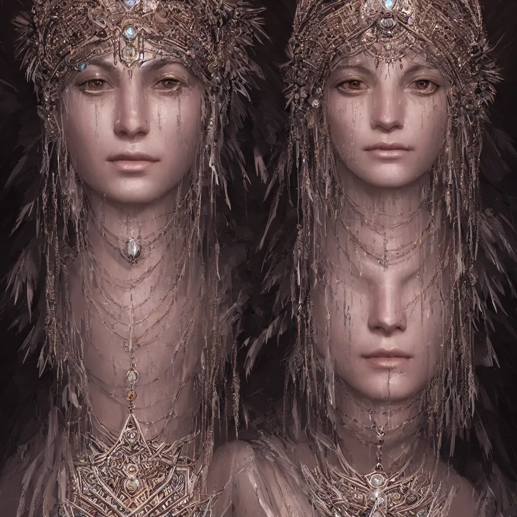 Prompt: portrait highly detailed beautiful symmetrical face high priestess intricate elegant detailed crystal jewellery with tribal feathers, volumetric lighting, digital painting, concept art, smooth, sharp focus 3 d, divine realm of gods, realistic cinematic style, octane render, photographic, concept art unreal engine 8 k by greg rutkowski