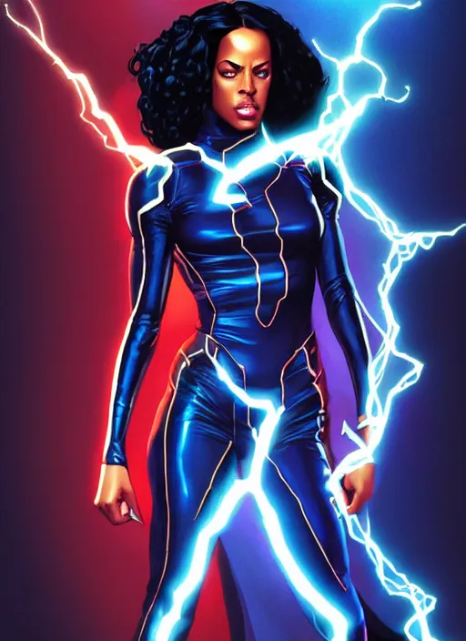 Prompt: full body portrait of marvel cinematic universe aaliyah haughton, x - men, storm, elegant, electricity archs, lightning strikes, rippling electromagnetic, highly detailed!! digital painting, artstation, glamor pose, concept art, sharp focus, illustration, art by artgerm and greg rutkowski, artey freytag