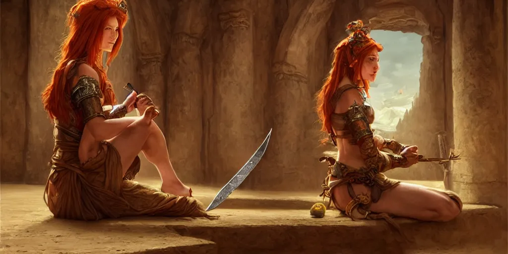 Image similar to ginger woman, sitting and drinking in an ancien tavern and playing with a knife, attractive, warrior, magic the gathering, action pose, ancient, sand, emerald, intricate, highly detailed, digital painting, artstation, concept art, smooth, sharp focus, illustration, Unreal Engine 5, 8K, art by artgerm and greg rutkowski and alphonse mucha