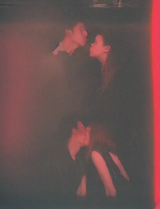 Prompt: couple of boy and girl kiss in a subway underground, radiates strong aura red light, wide angle coloured polaroid photograph with flash, kodak film stock, hyper real, stunning moody cinematography, with anamorphic lenses, by maripol, by jim jarmusch, by wong kar - wai, suspiria, detailed