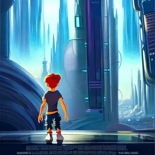 Image similar to a spectacular film poster of an adventurous boy ( facing the camera ) and his small robot friend, futuristic city background, eleborate composition with foreground and background, depth of field, fantasy illustration by kyoto studio, don bluth!!!, square enix, disney animation film, cinematic lighting