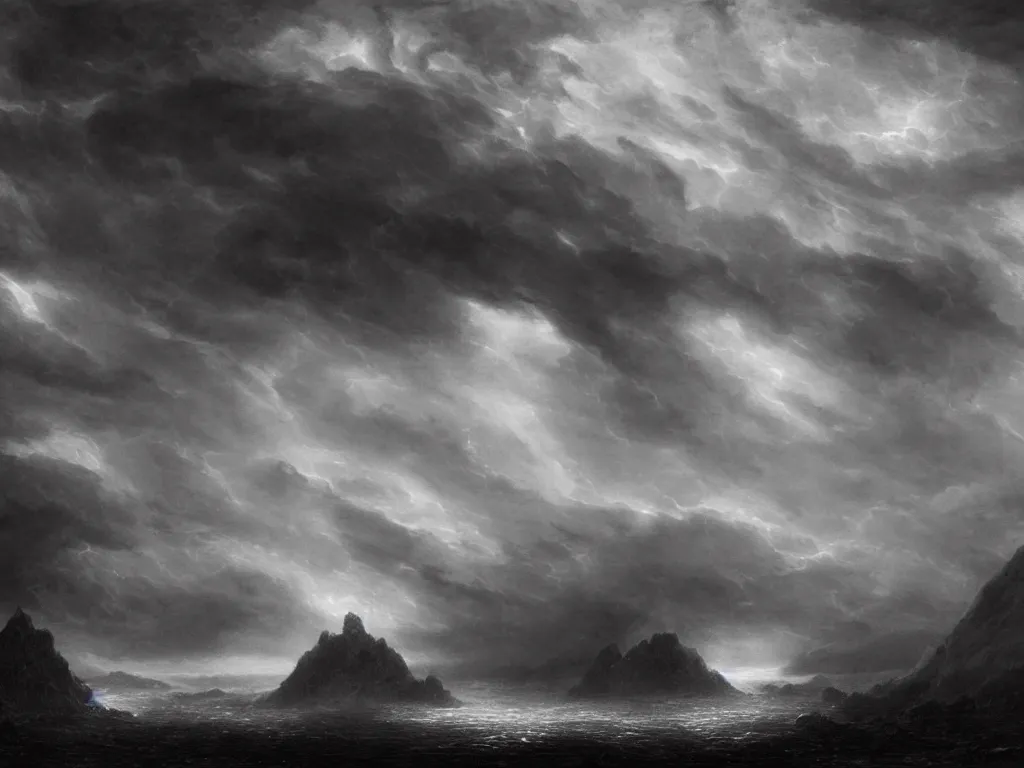 Image similar to very detailed, dark super storm, hyper realistic clouds that resemble large mountains, levitating large rocks. impressive, magical, very atmospheric, fog, cinematic, deep, very high complexity, stunning, dramatic masterpiece, iridescent, chiaroscuro, by gustave dore, caspar david friedrich, ian miller, very detailed. 4 k