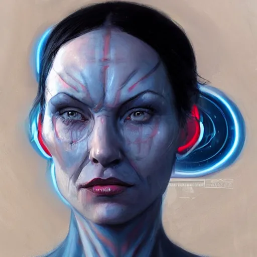 Image similar to portrait of an alien woman by Greg Rutkowski, blue skin, red eyes, black hair with two strand around her face, authority figure, secretary general of the galactic alliance, wearing black uniform, Star Wars Expanded Universe, highly detailed portrait, digital painting, artstation, concept art, smooth, sharp foccus ilustration, Artstation HQ