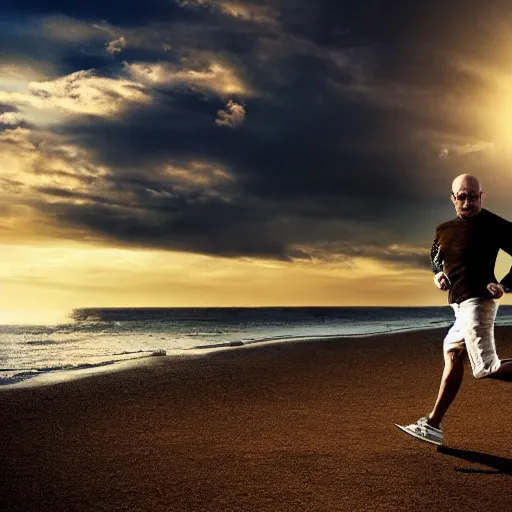 Image similar to Walter White running on the beach, artistic, 8k, cinematic