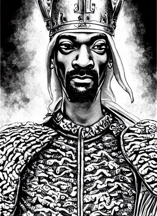 Image similar to Snoop Dogg as a knight, highly detailed, black and white, manga, art by Kentaro Miura