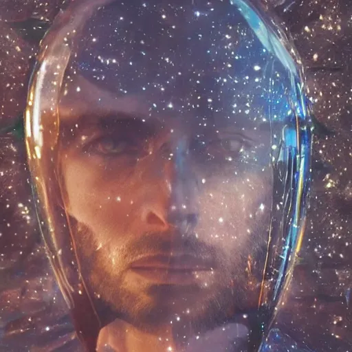 Image similar to spacesuit thom yorke singer songwriter walking in a forest, spacesuit filling up with water, waterline refractions, anamorphic lens flare, beautiful blueish eyes, eyes reflecting into eyes reflecting into infinity, spherical tiny round eye pupils, eyes reflecting into eyes reflecting into infinity, dramatic lighting