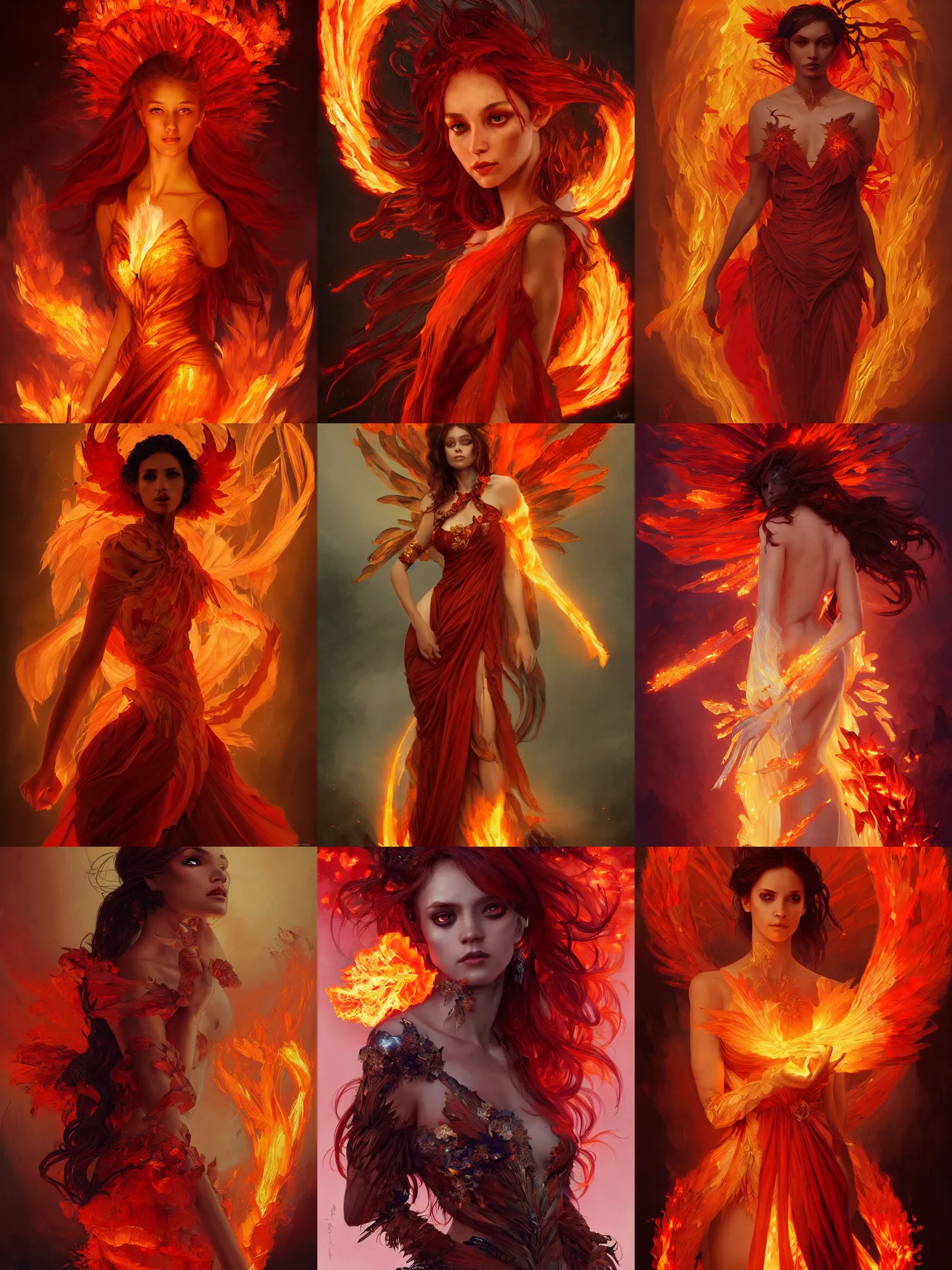 Prompt: portrait of a fire fairy, dress made of fire, fiery wings, obsidian skin, red eyes, highly detailed, smooth, sharp focus, chiaroscuro, digital painting, artgerm and greg rutkowski and alphonse mucha