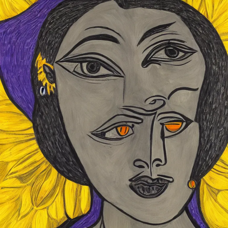 Prompt: beautiful portrait of a lavender and sunflower - head black woman by picasso, hyper detailed painting, distance, centered, hd, hq, high resolution, high detail, 4 k, 8 k