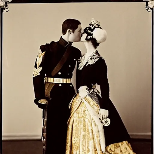 Prompt: An extreme long shot wide shot, colored black and white Russian and Japanese mix historical fantasy photographic portrait of a Royal wedding of the empress and the emperor share a tender kiss, golden hour, warm lighting, 1907 photo from the official wedding photographer for the royal wedding. n-6