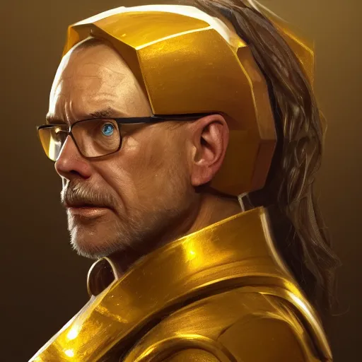 Image similar to a painted portrait of a middle-aged man in a golden suit, D&D, sci-fi, elegant, hopeful, muscular, highly detailed, digital painting, artstation, concept art, smooth, sharp focus, illustration