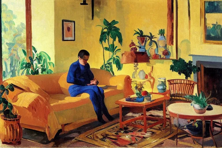 Prompt: A cozy, warm living room, bathed in golden light, with many tropical plants and succulents, a figure rests on an old couch, highly relaxed, sunday afternoon, living the good life, at peace, golden ratio, fauvisme, art du XIXe siècle, figurative oil on canvas by André Derain, Albert Marquet, Auguste Herbin, Louis Valtat, Musée d'Orsay catalogue