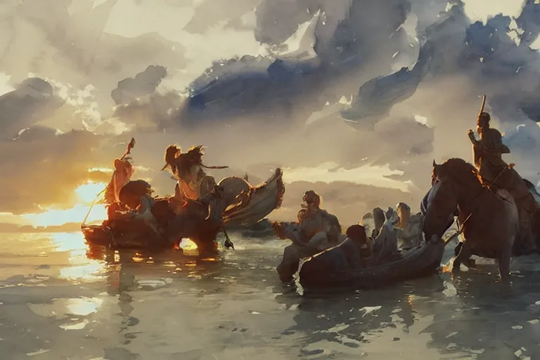 Image similar to watercolor painting of scandinavian mythology, magical, ambient lighting, art by hans gude, art by hans dahl, by jesper ejsing, art by anders zorn, wonderful masterpiece by greg rutkowski, cinematic light, american romanticism by greg manchess, creation by tyler edlin, heavy clouds and sun