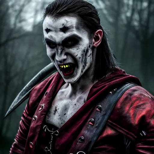 Image similar to photo of a real-life vampire warrior , 8k, HDR, award-winning, sharp focus, super resolution, cinematic, volumetric lighting,