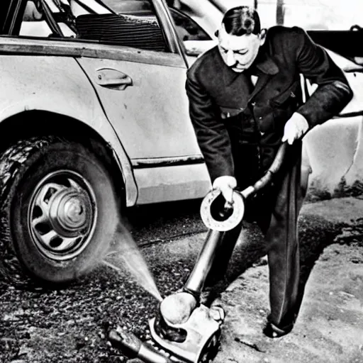 Image similar to hitler using an angle grinder, removing rust from a toyota mr 2