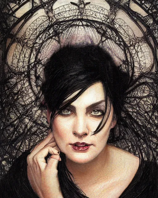 Image similar to portrait of evil a tall 4 0 - year - old woman with thin lips, heavy - lidded eyes, a strong jaw and long, thick shining black hair, thick eyebrows and long eyelashes, wearing in black clothes, hyper realistic face, beautiful eyes, fantasy art, in the style of greg rutkowski, intricate, alphonse mucha, hyper detailed, smooth