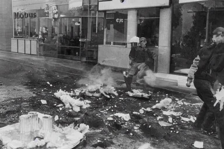 Prompt: mcdonalds hamburger blows up, historical photograph