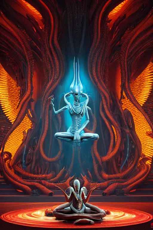 Prompt: masterpiece poster of glistening elegant queen empress xenomorph alien meditating lotus position, inside ominous glowing alien temple shrine. in the style of aliens, by weta workshop, james cameron, h. r. giger, beautiful octane render, extremely intricate, epic composition, cinematic lighting,, trending on artstation, cinematic dramatic atmosphere, matte painting