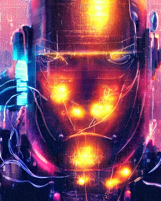 Image similar to a cyberpunk close up portrait of cyborg zeus, electricity, sparks, bokeh, soft focus, sparkling, glisten, water drops, cold, dark, geometric, temples behind, by paul lehr, jesper ejsing