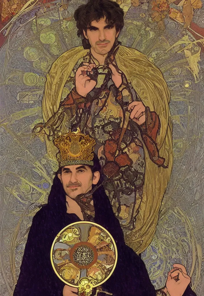 Prompt: Yoshua Bengio as the emperor on a tarot card, tarot in art style by Alphonse Mucha